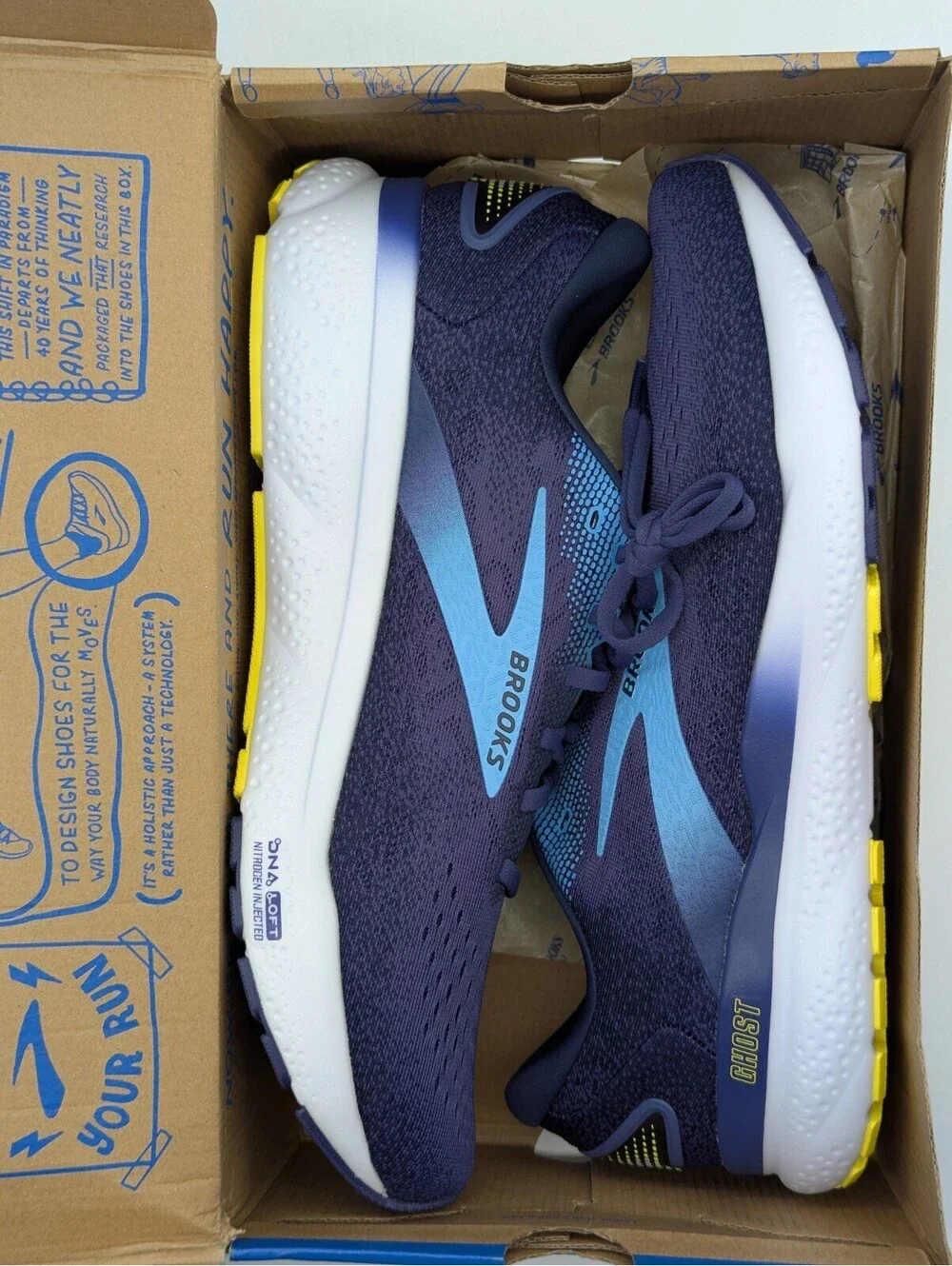 Brooks Ghost 16 Mens Size 14 D Navy Blue Yellow Running Shoes 1104181D438 New